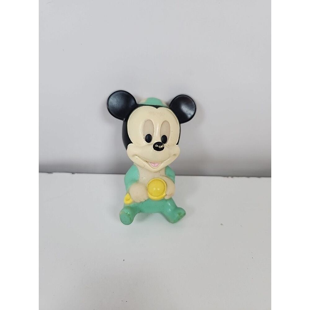 Vintage Mickey Mouse Baby with Rattle and Beanie Hard Rubber Toy Figurine